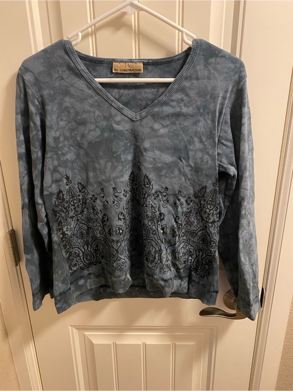 NU Construction L Top Gray Black Thermal Bling Crop Shirt 3/4 Slv Tie Dye Large